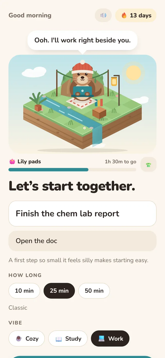 Kelp home screen: Pip the otter on a floating riverside island, with a task and a tiny first step