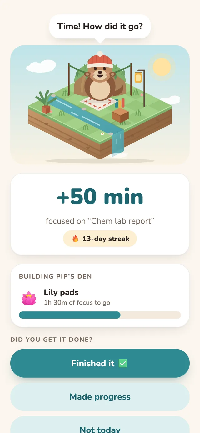 Minutes counting up and a new item for Pip's den